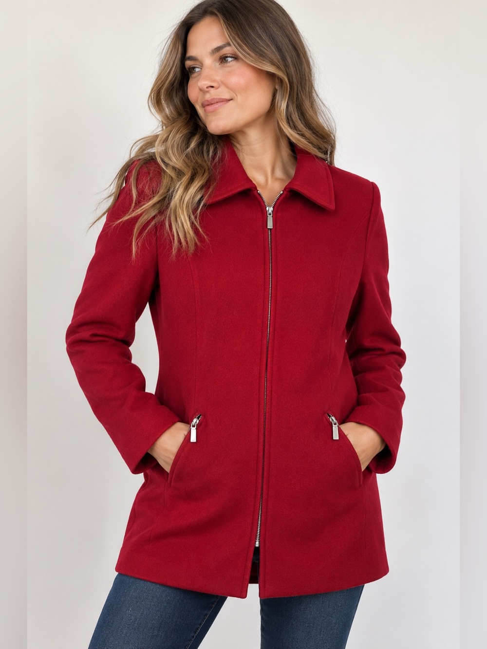 Lindor Red Wool Cashmere Blend Zip Front Coat Jacket Size 12